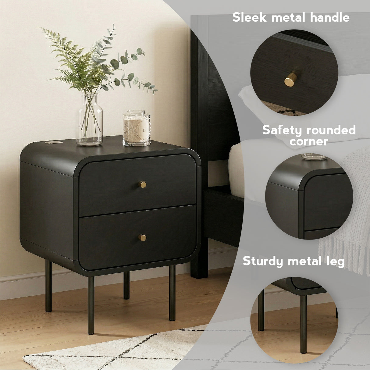 Cabarita Metal Leg Bedside Table, Black