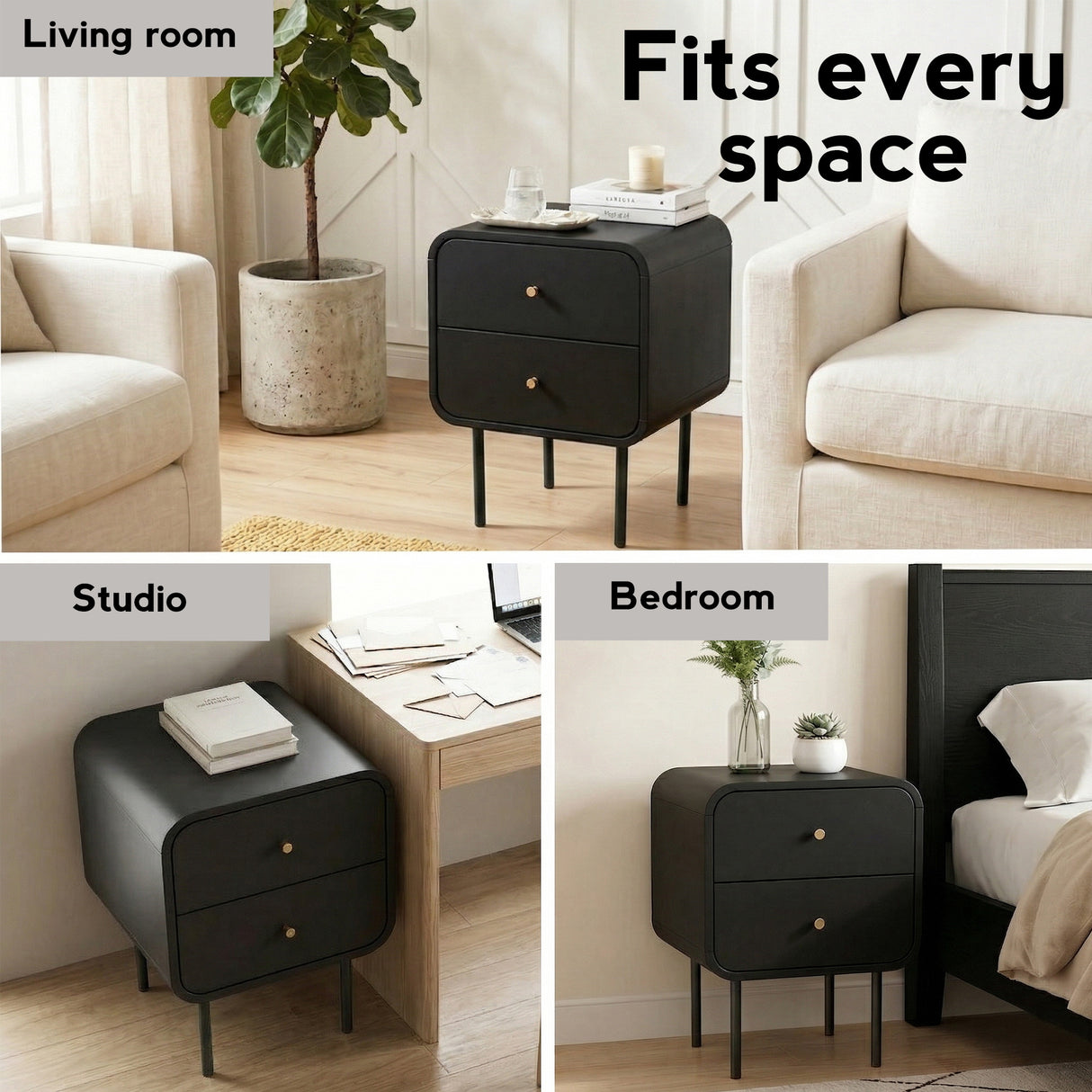 Cabarita Metal Leg Bedside Table, Black