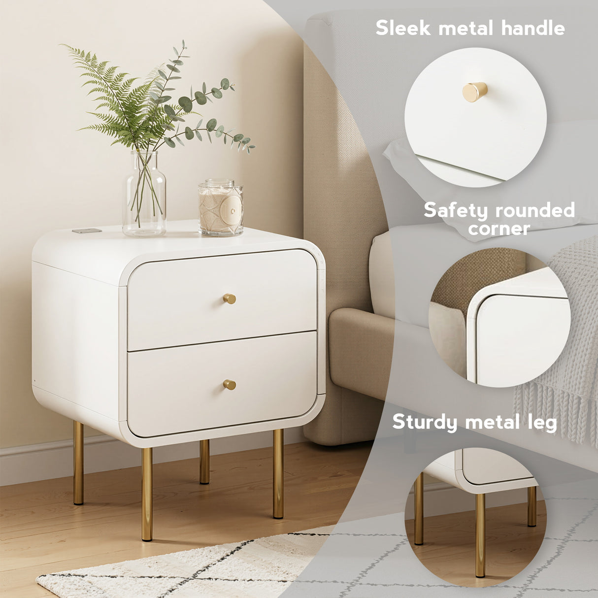 Cabarita Metal Leg Bedside Table, White