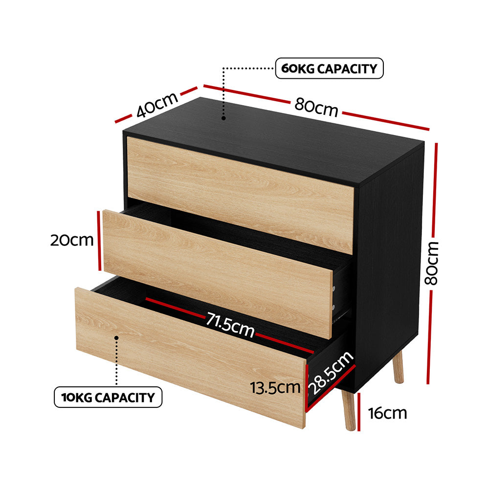Exeter 3 Drawer Chest of Drawers, Black and Pine view 2