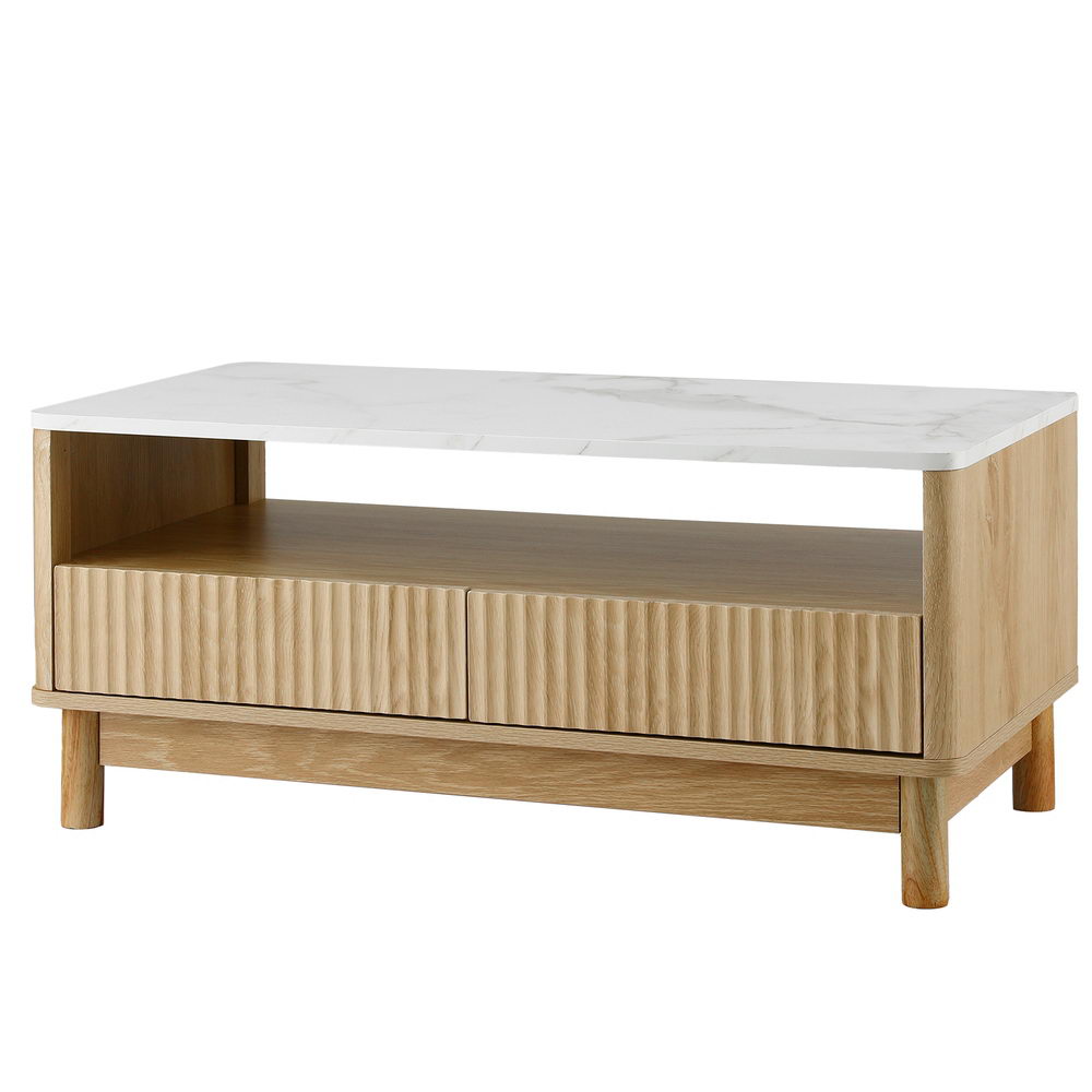 Toolangi white marble coffee table in a modern living room