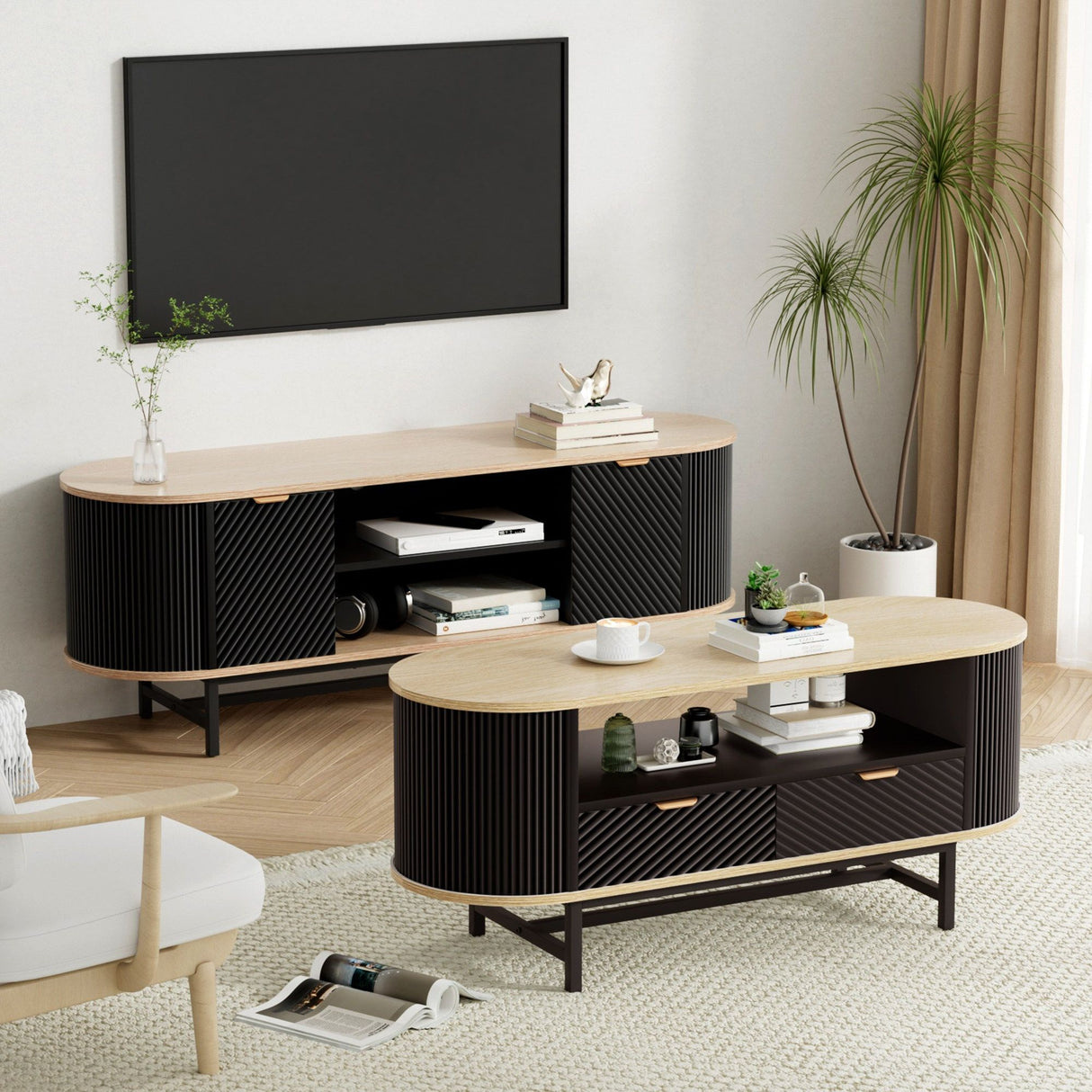 Beaconsfield 140cm TV Unit and Coffee Table Set, Black and Pine