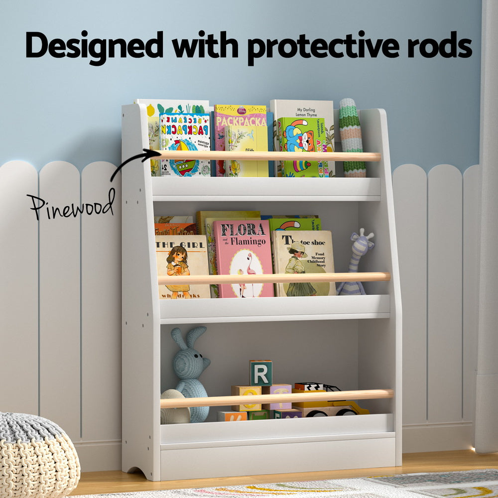Kids Bookshelf with Display Rails, 3 Tier White