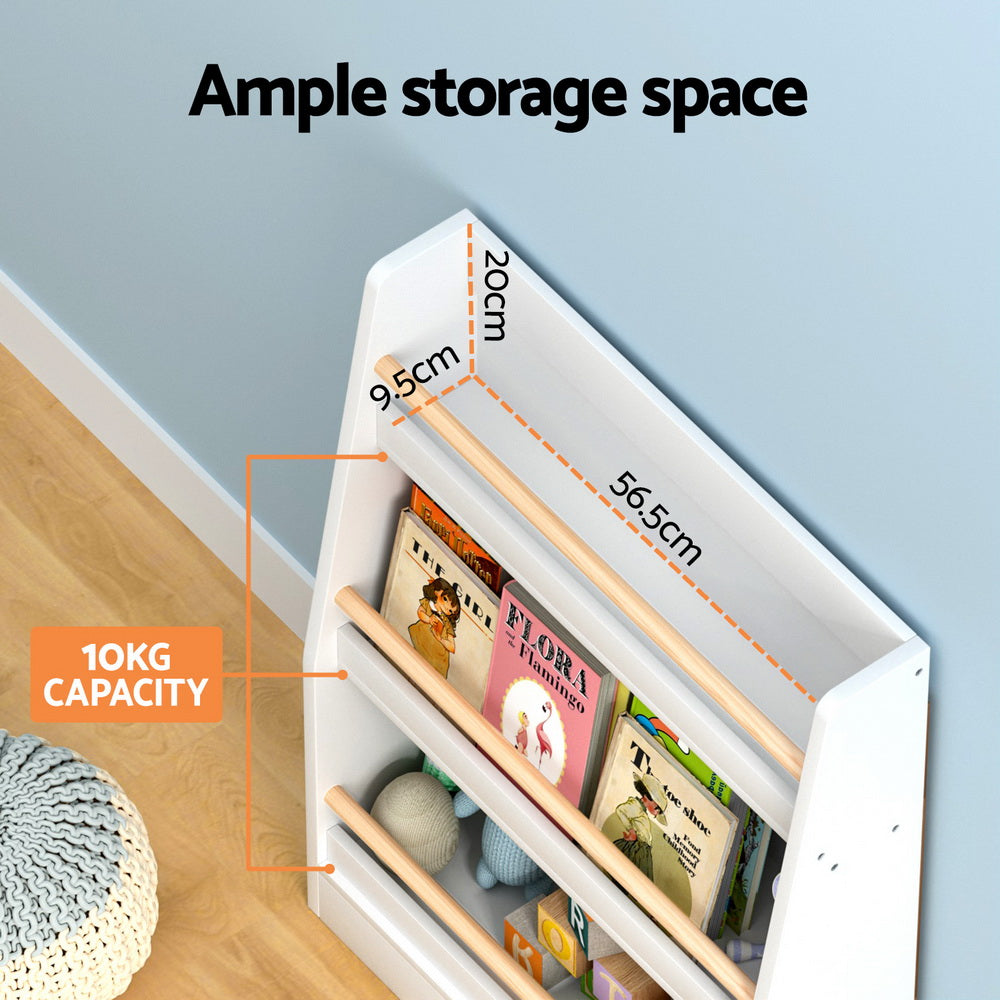 Kids Bookshelf with Display Rails, 3 Tier White