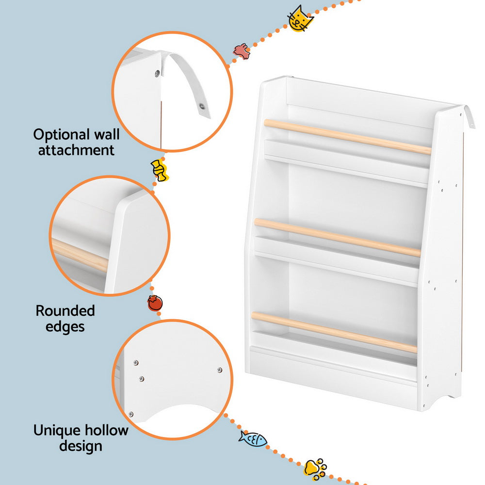 Kids Bookshelf with Display Rails, 3 Tier White