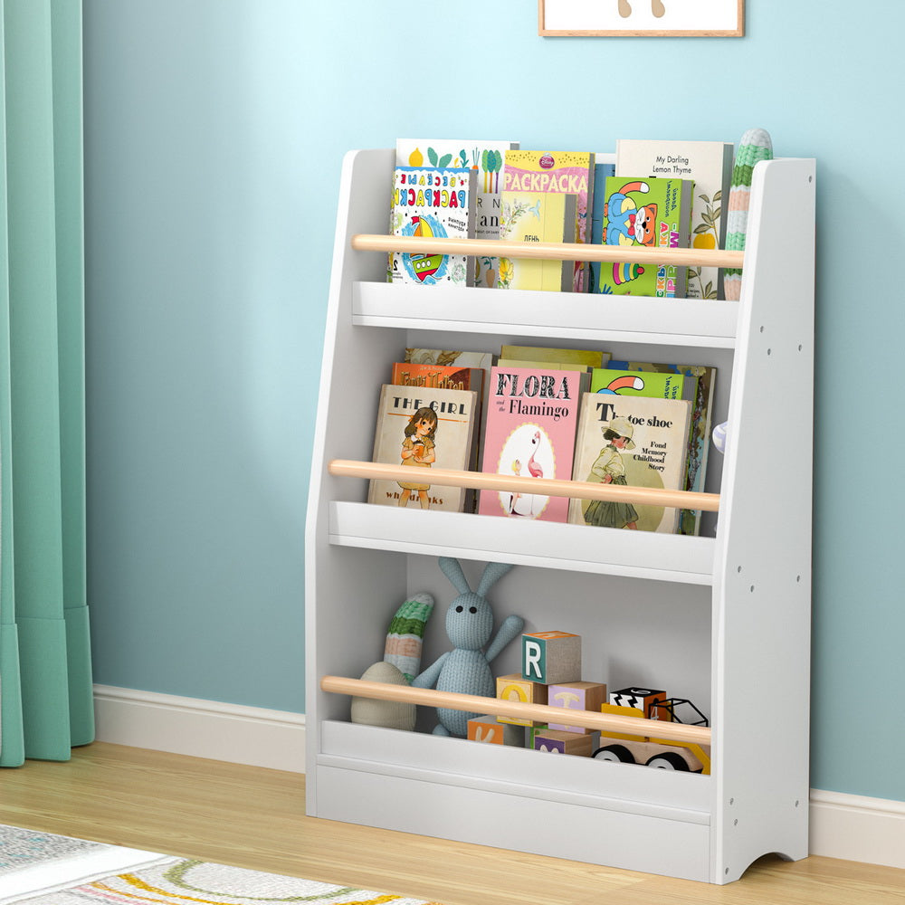 Kids Bookshelf with Display Rails, 3 Tier White
