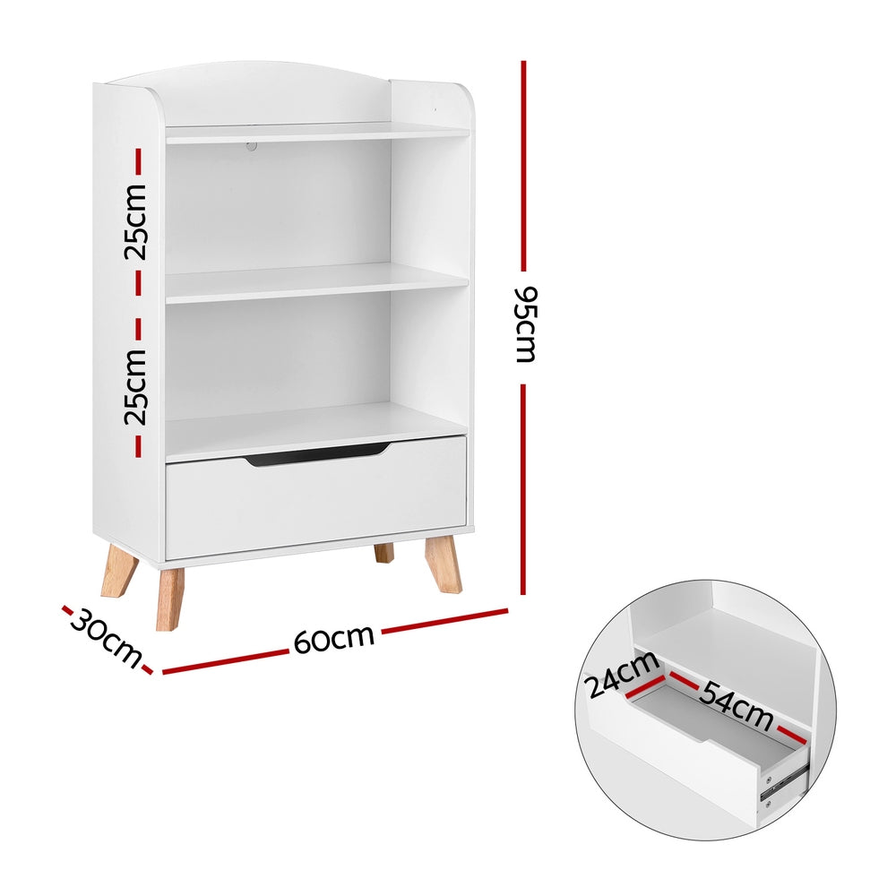 Kids Bookshelf with Storage Drawer, 3 Tier White