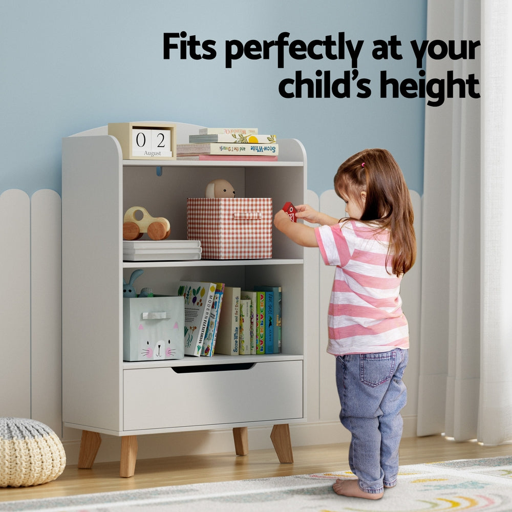 Kids Bookshelf with Storage Drawer, 3 Tier White