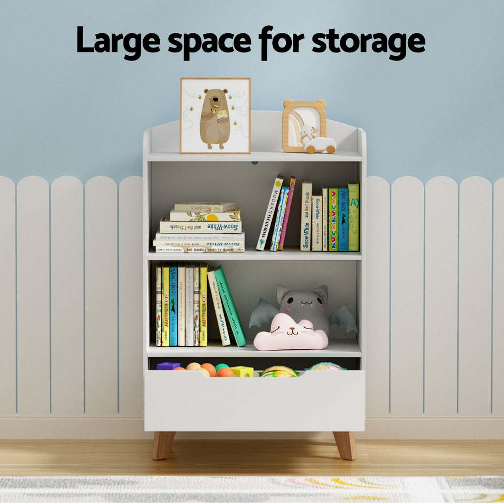 Kids Bookshelf with Storage Drawer, 3 Tier White