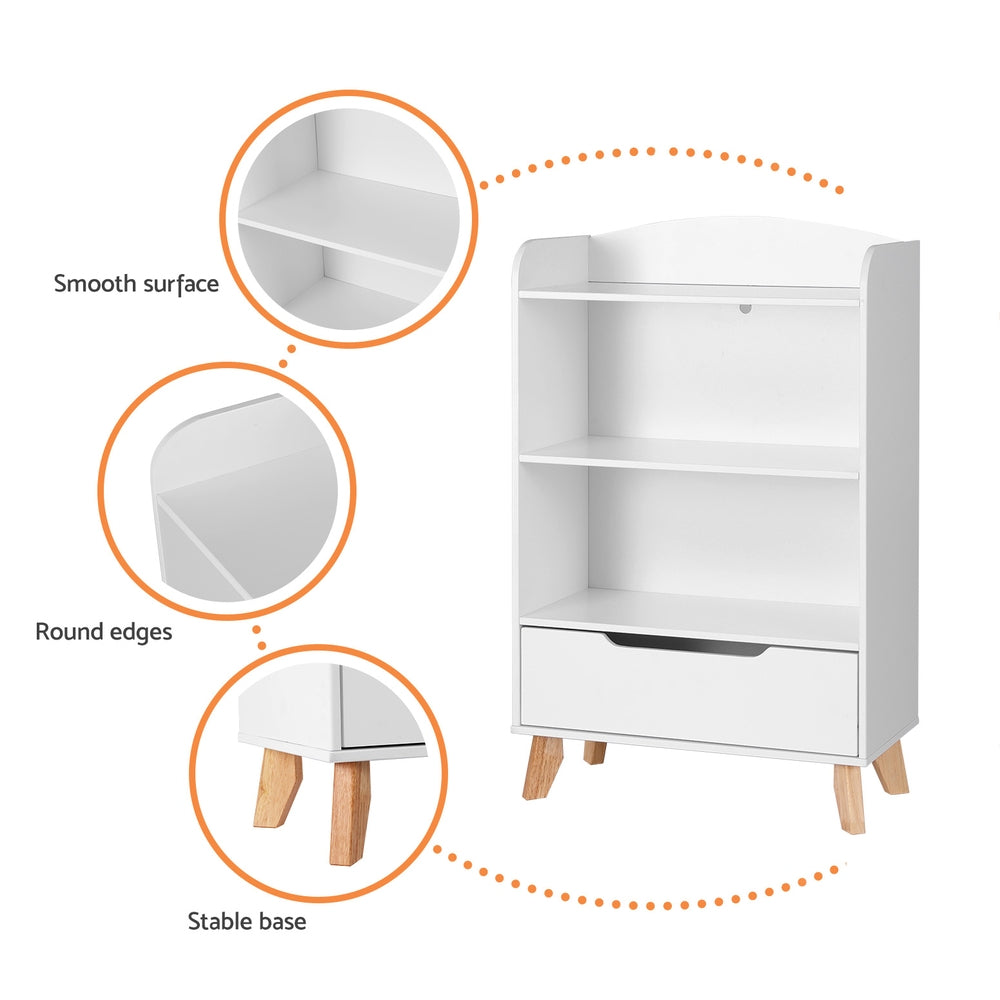 Kids Bookshelf with Storage Drawer, 3 Tier White