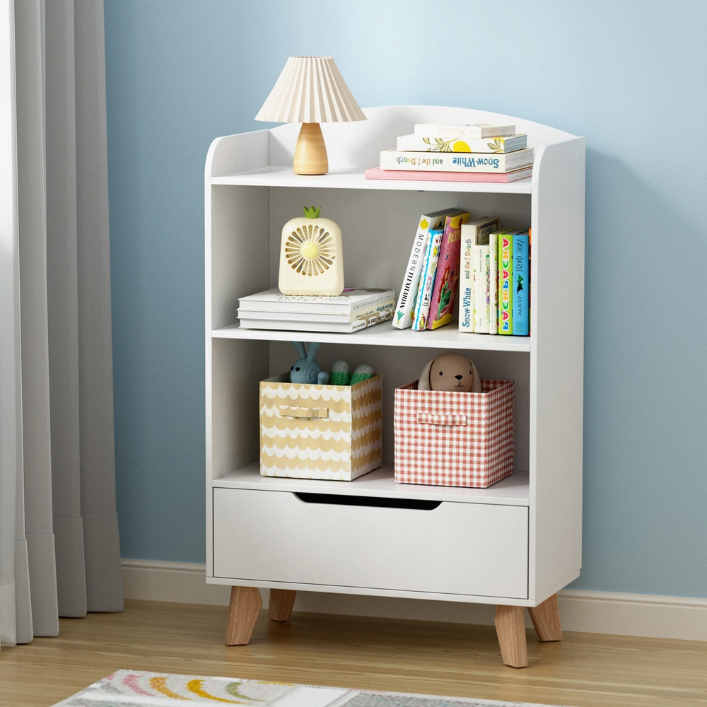 Kids Bookshelf with Storage Drawer, 3 Tier White