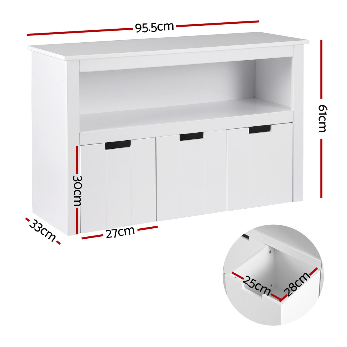 White kids bookshelf with three detachable drawers