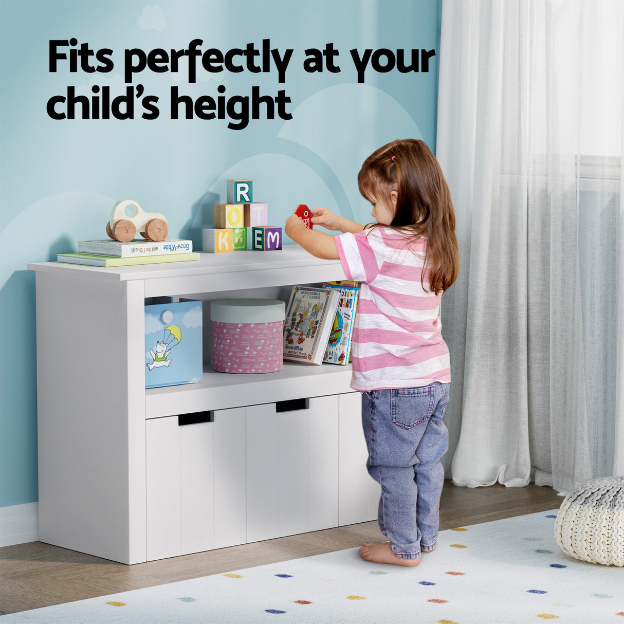 White kids bookshelf with three detachable drawers