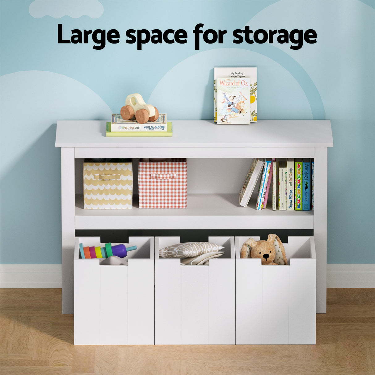 White kids bookshelf with three detachable drawers