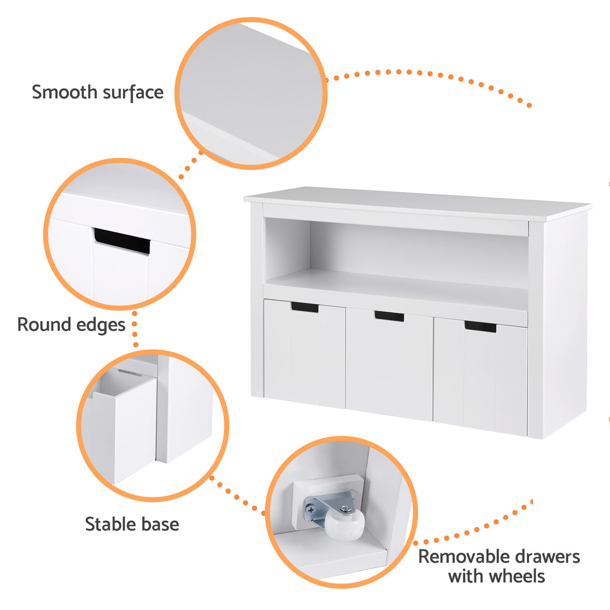 White kids bookshelf with three detachable drawers
