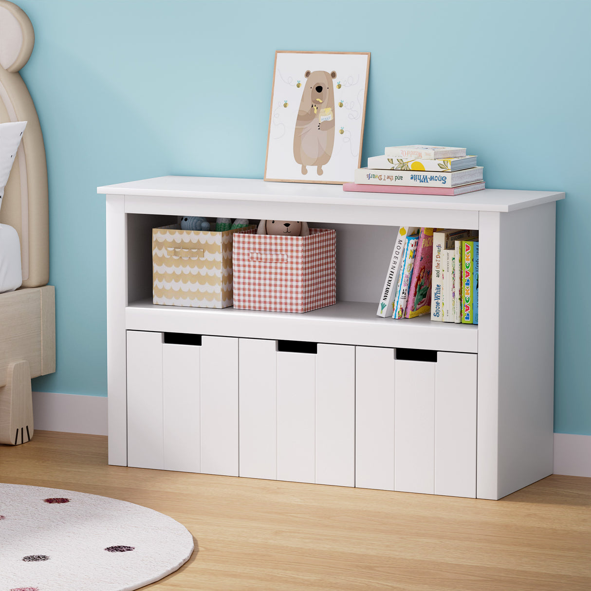 White kids bookshelf with three detachable drawers