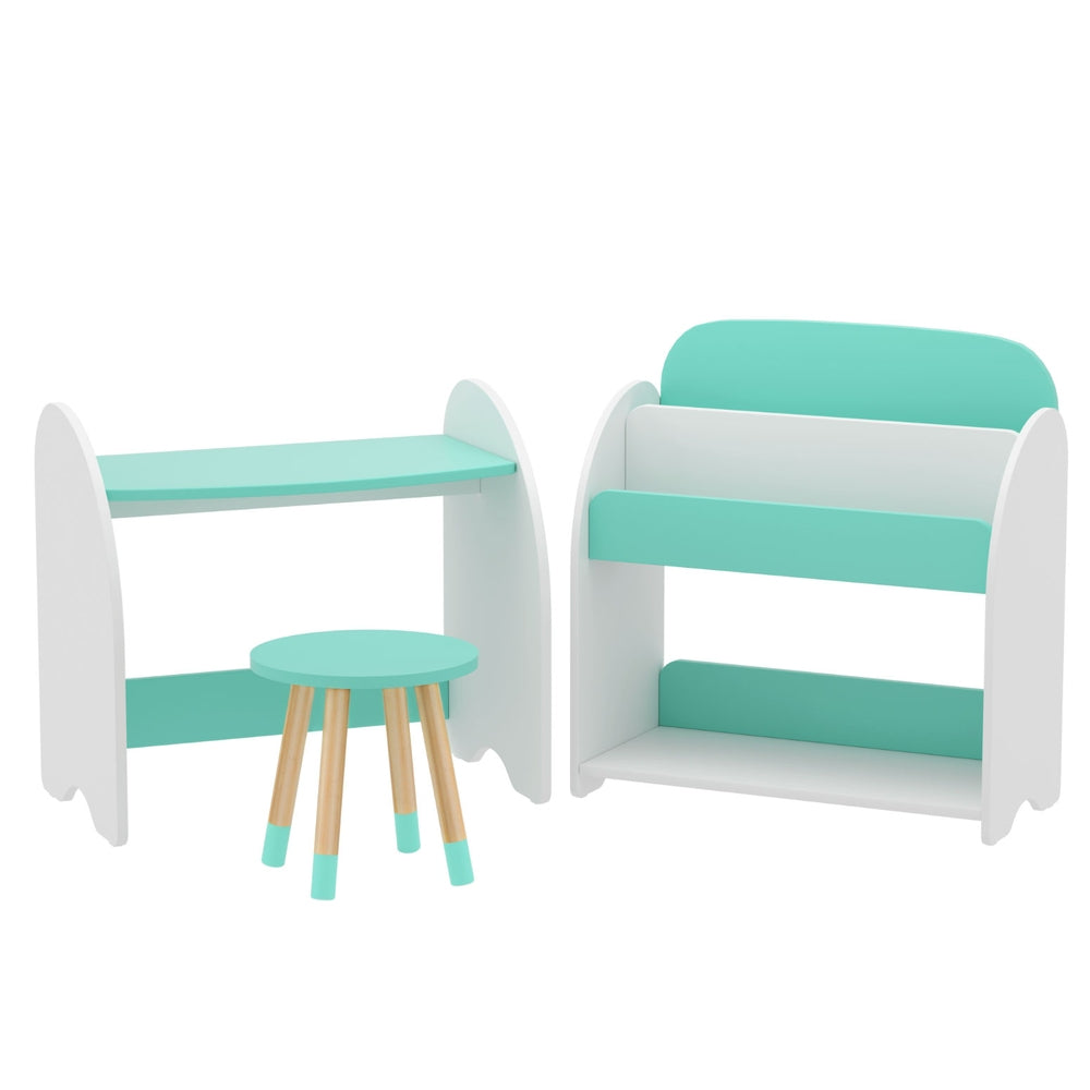 Kids Bookshelf with Table and Chair Set, White and Green