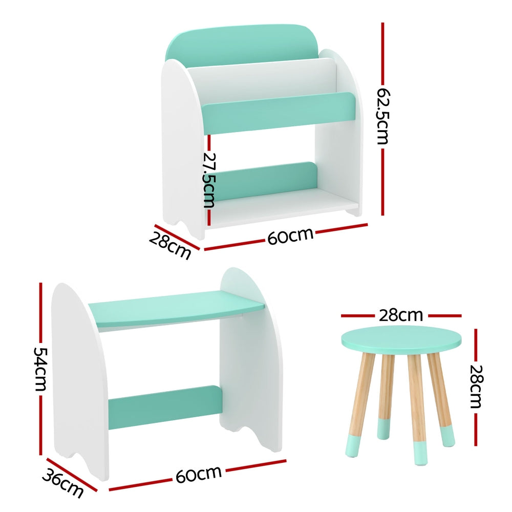 Kids Bookshelf with Table and Chair Set, White and Green