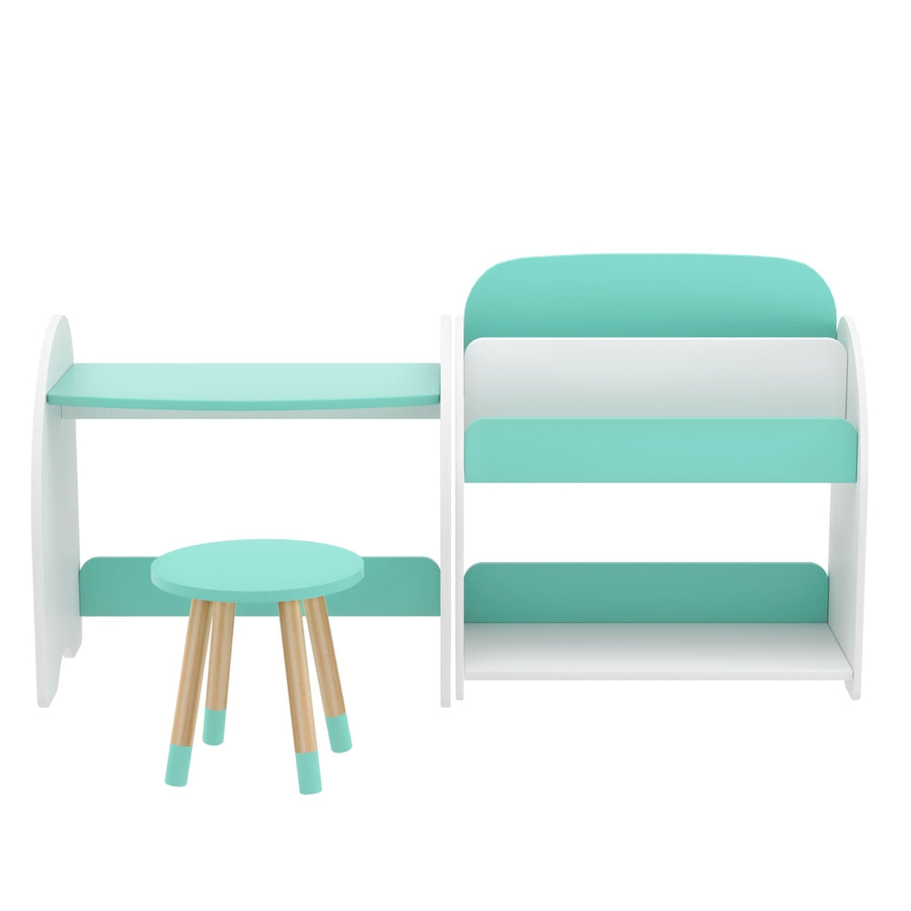 Kids Bookshelf with Table and Chair Set, White and Green