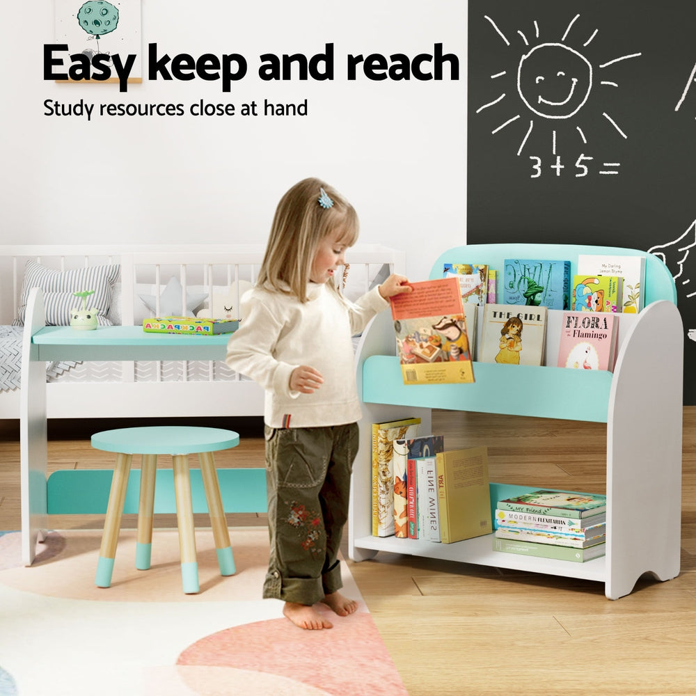 Kids Bookshelf with Table and Chair Set, White and Green