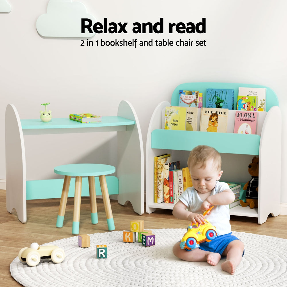 Kids Bookshelf with Table and Chair Set, White and Green