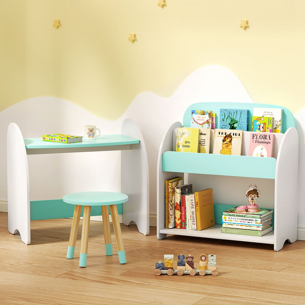 Kids Bookshelf with Table and Chair Set, White and Green