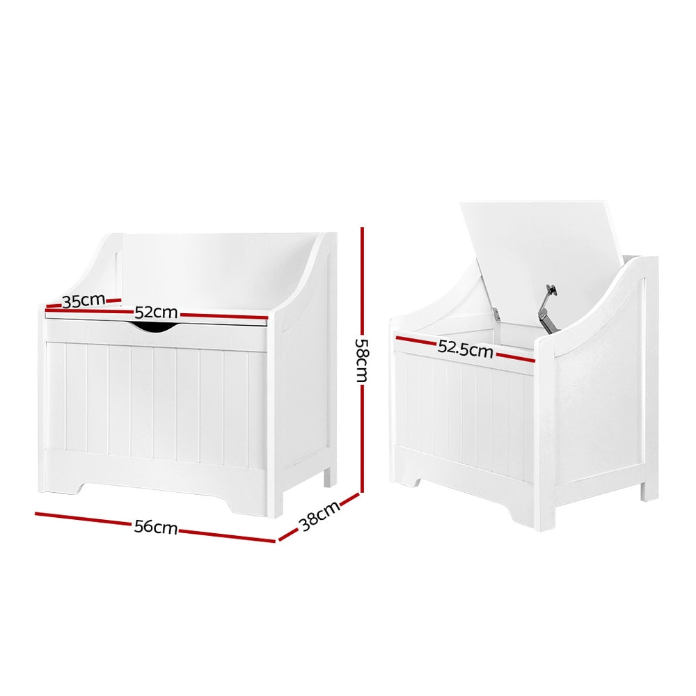 White kids toy box with lid open showing storage