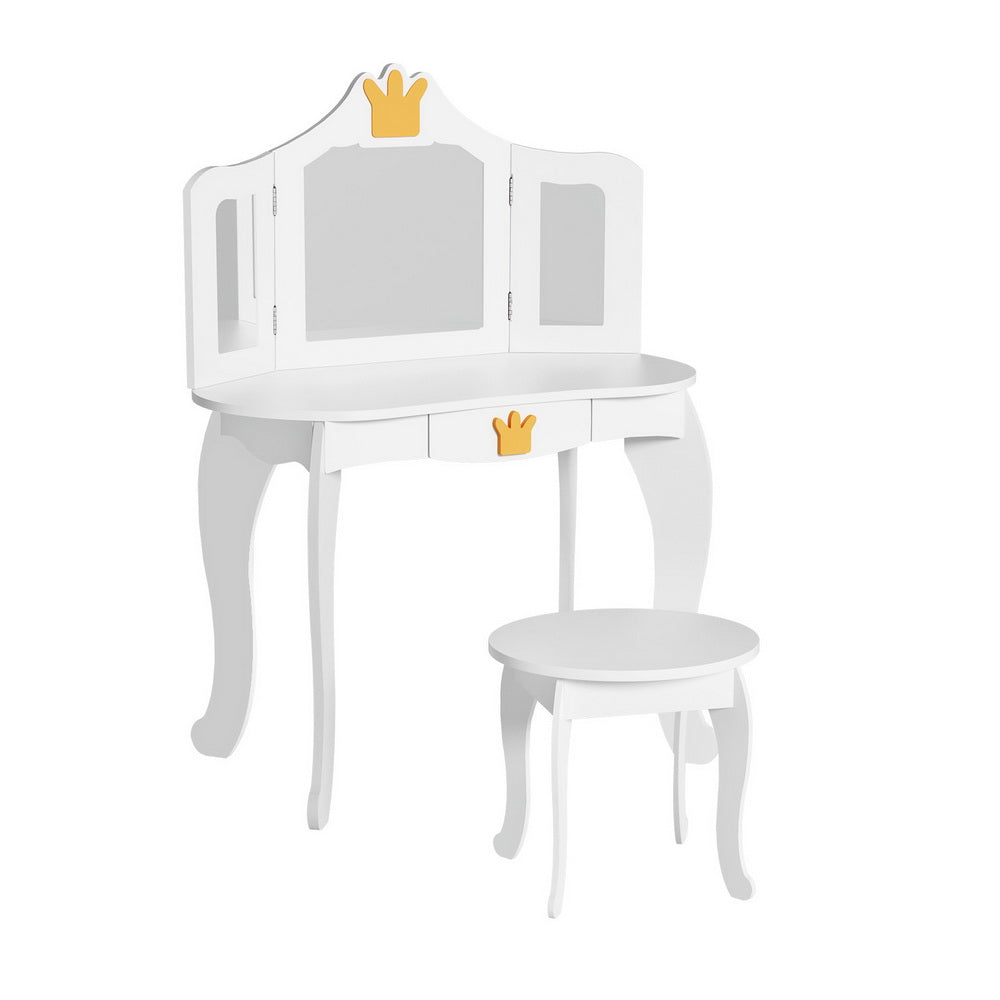 Kids dressing table and stool set with three panel mirror in white