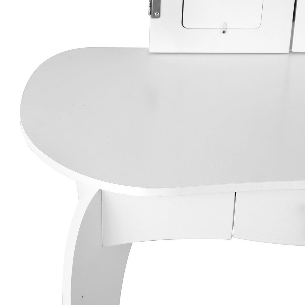 Kids dressing table and stool set with three panel mirror in white