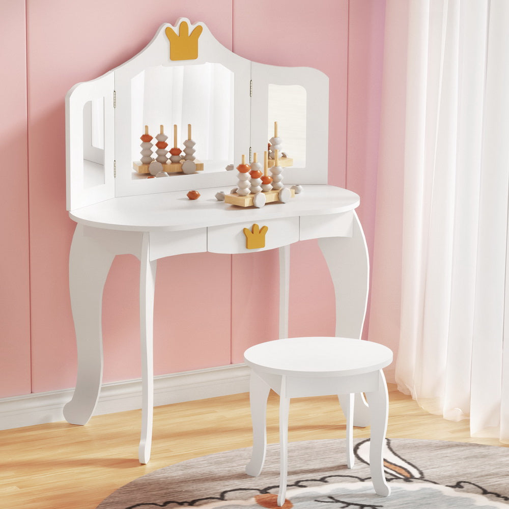 Kids dressing table and stool set with three panel mirror in white