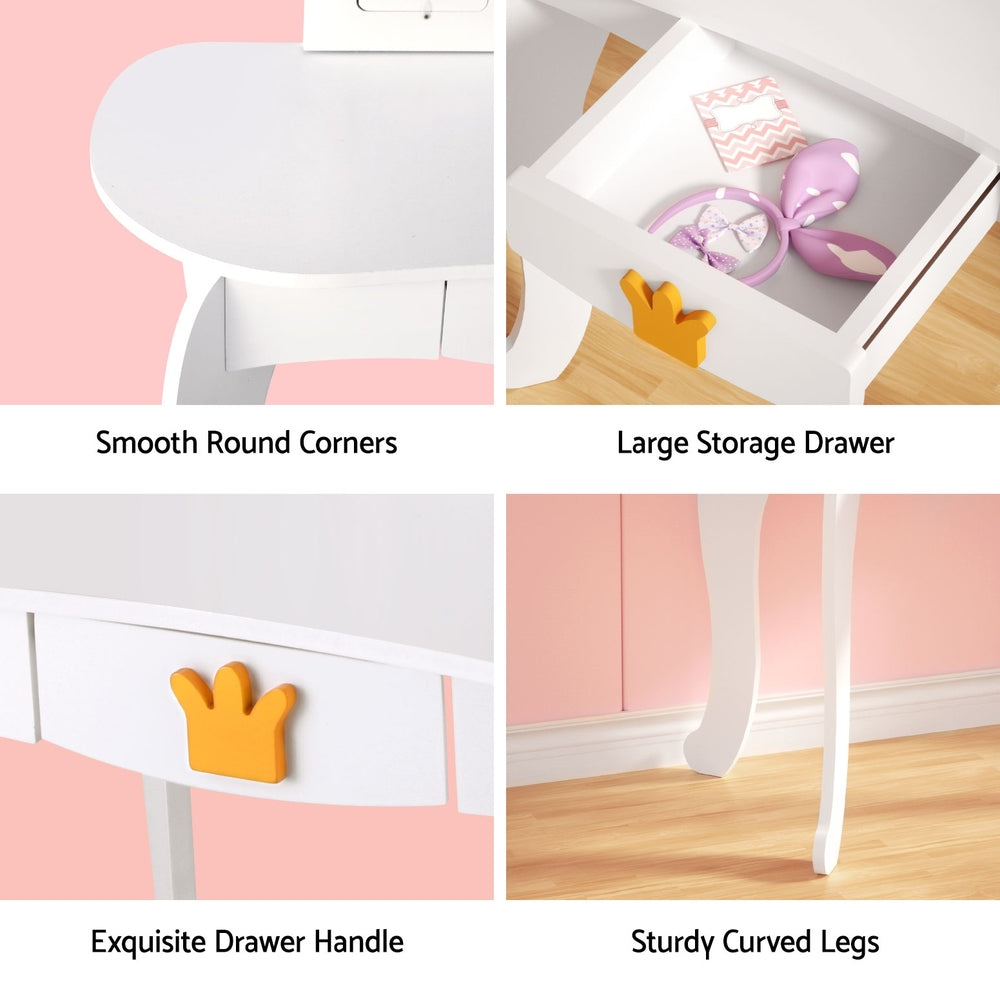 Kids dressing table and stool set with three panel mirror in white