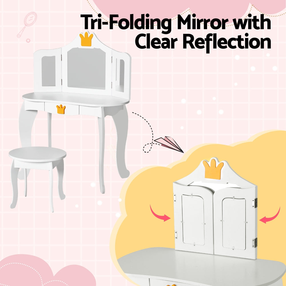 Kids dressing table and stool set with three panel mirror in white