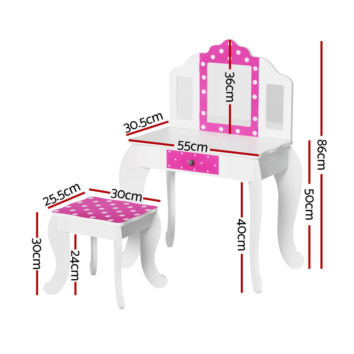 Kids Dressing Table and Stool Set, Three Mirror, Pink