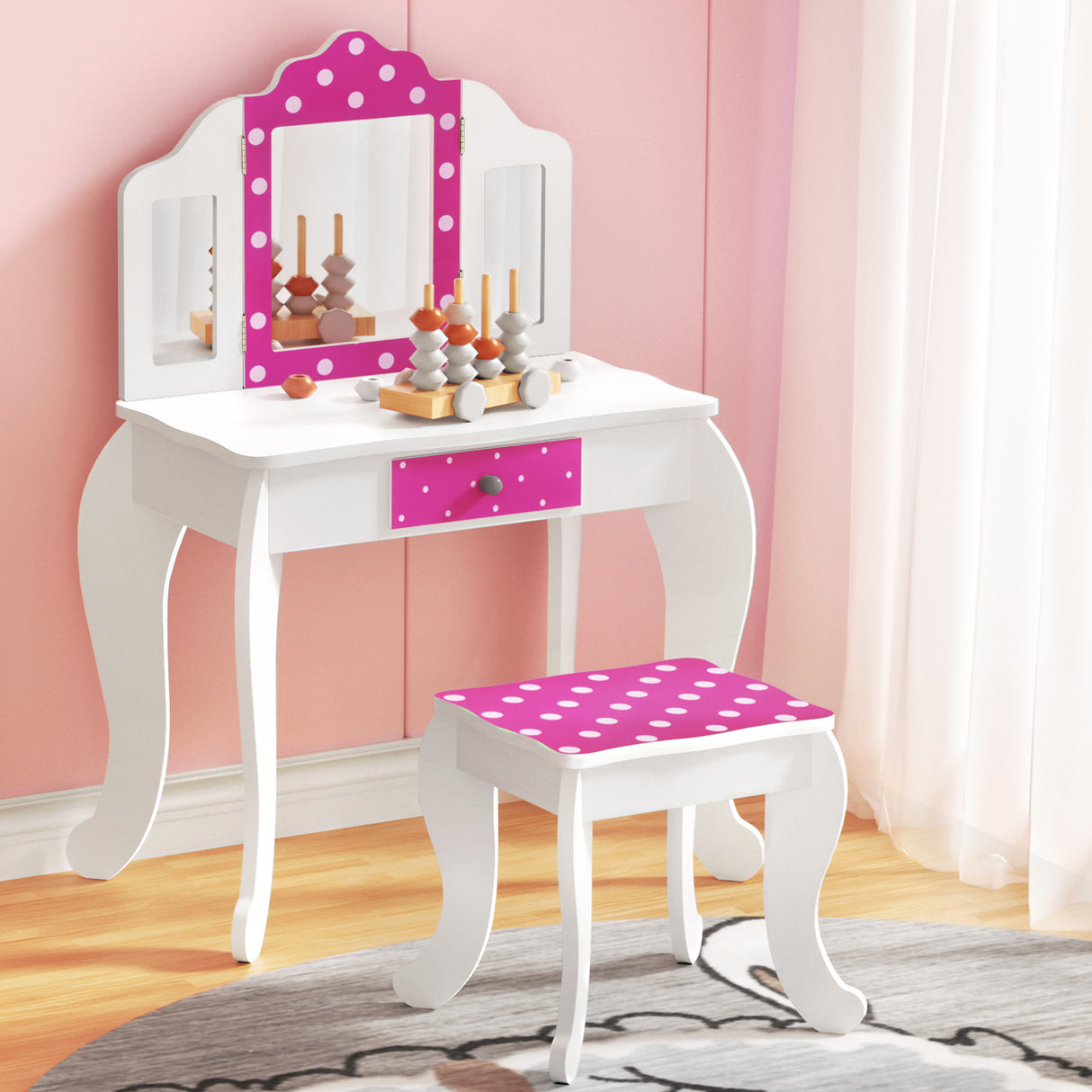 Kids Dressing Table and Stool Set, Three Mirror, Pink