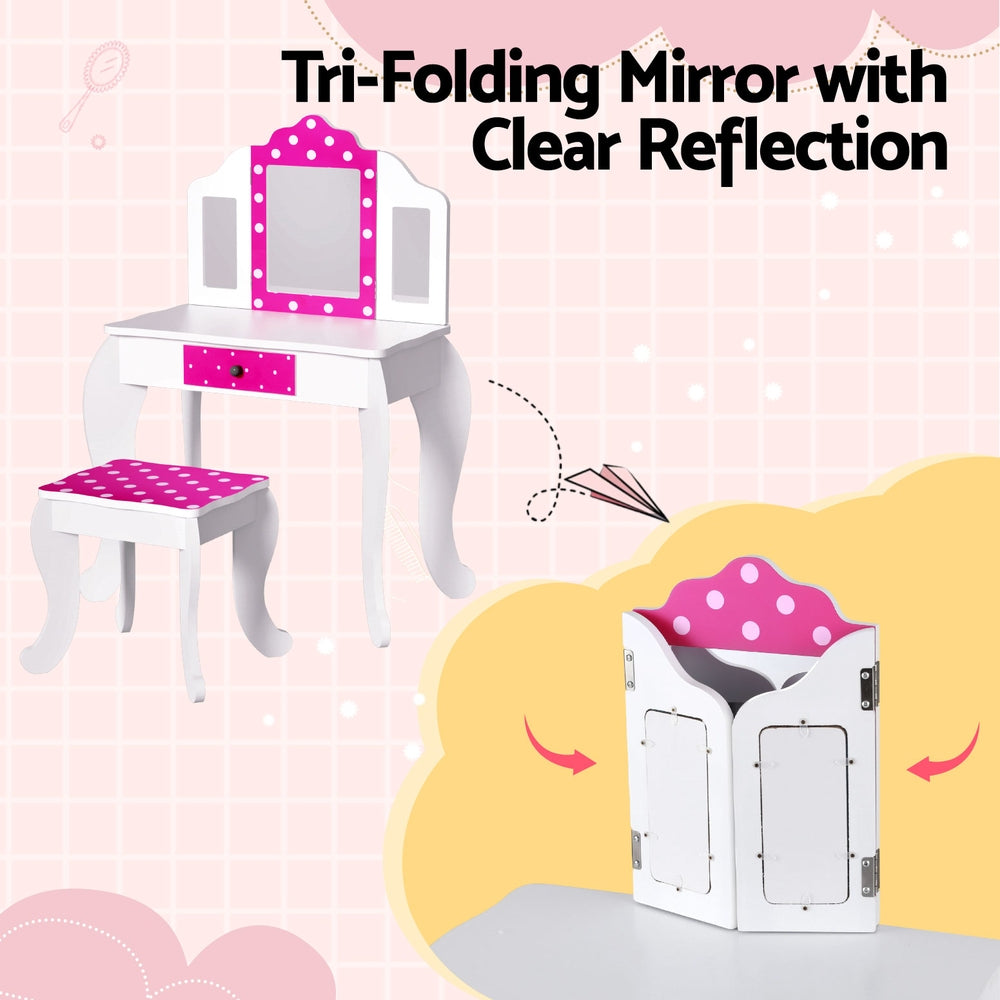 Kids Dressing Table and Stool Set, Three Mirror, Pink
