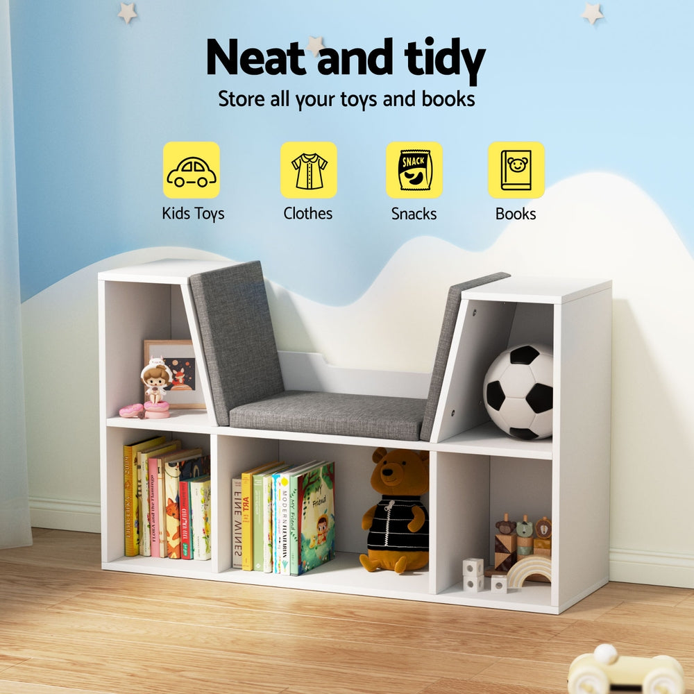 Kids Bookcase with Storage Seat, White