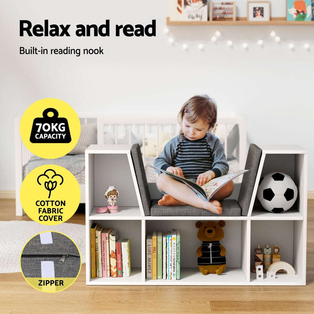 Kids Bookcase with Storage Seat, White