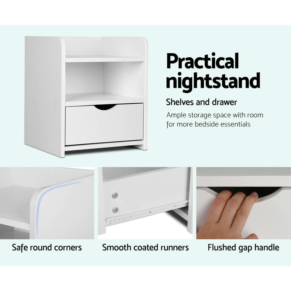 Wilsons Creek Bedside Table with Drawer and Shelf, White