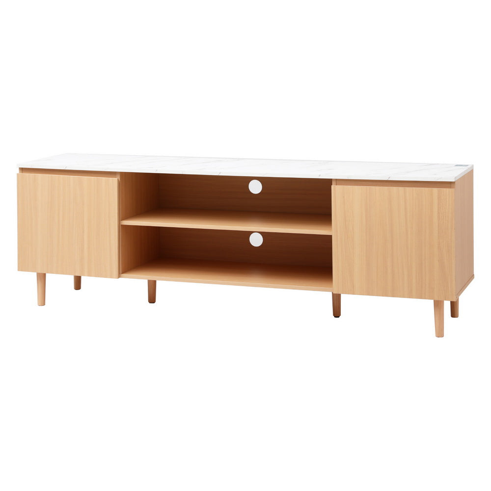 Swansea 180cm white entertainment unit with marble effect top and pine wood legs in a modern living room