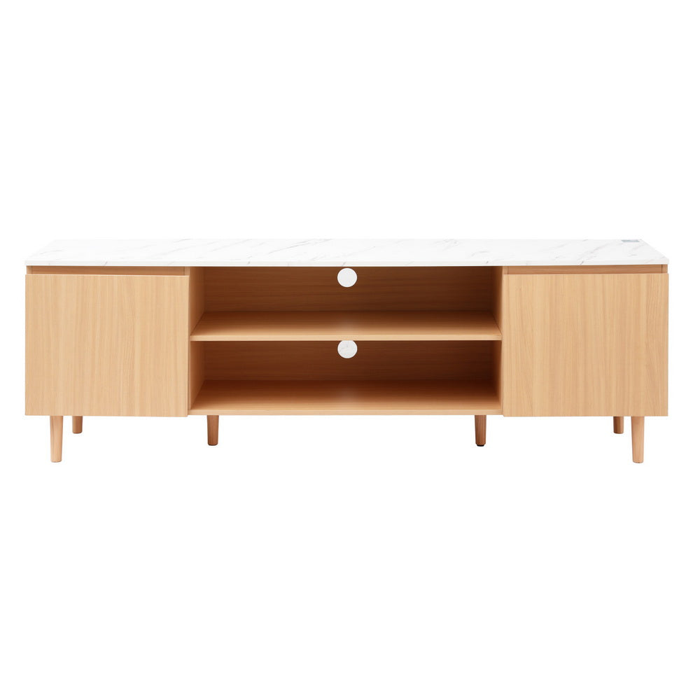 Swansea 180cm white entertainment unit with marble effect top and pine wood legs in a modern living room