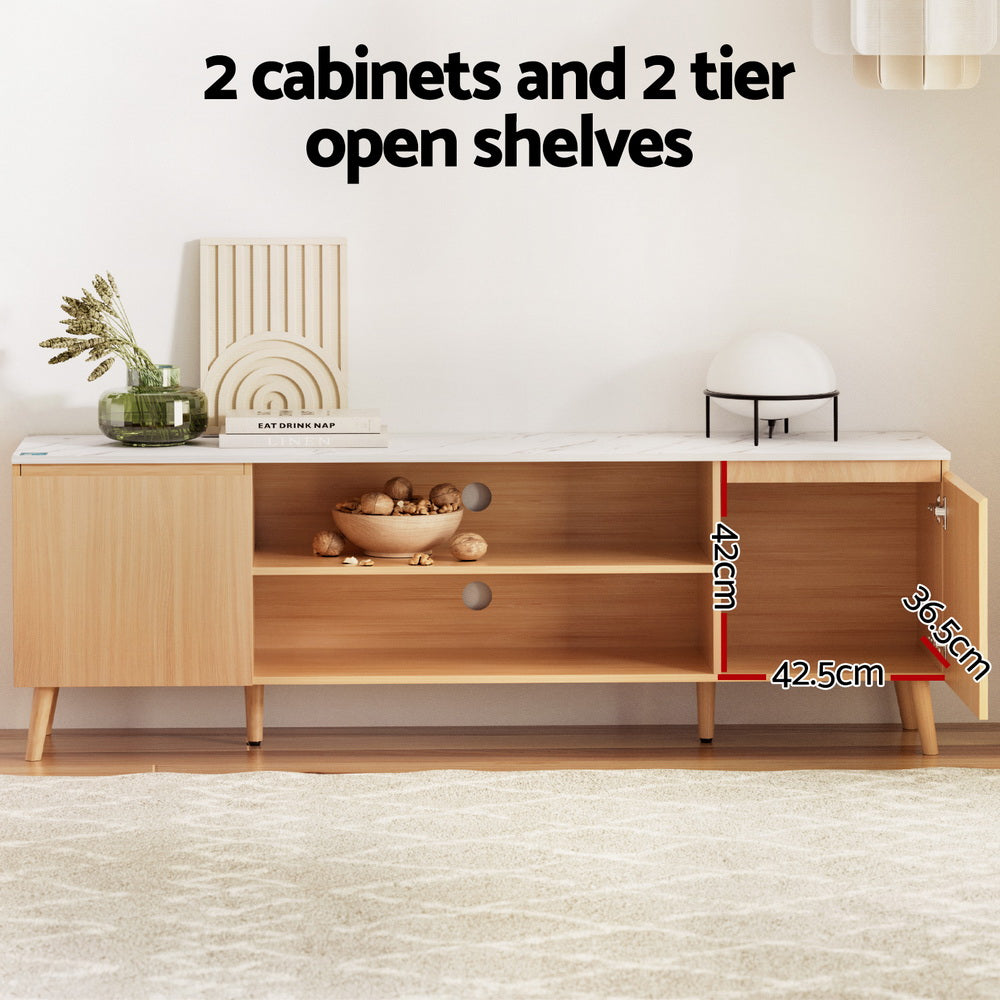 Swansea 180cm white entertainment unit with marble effect top and pine wood legs in a modern living room