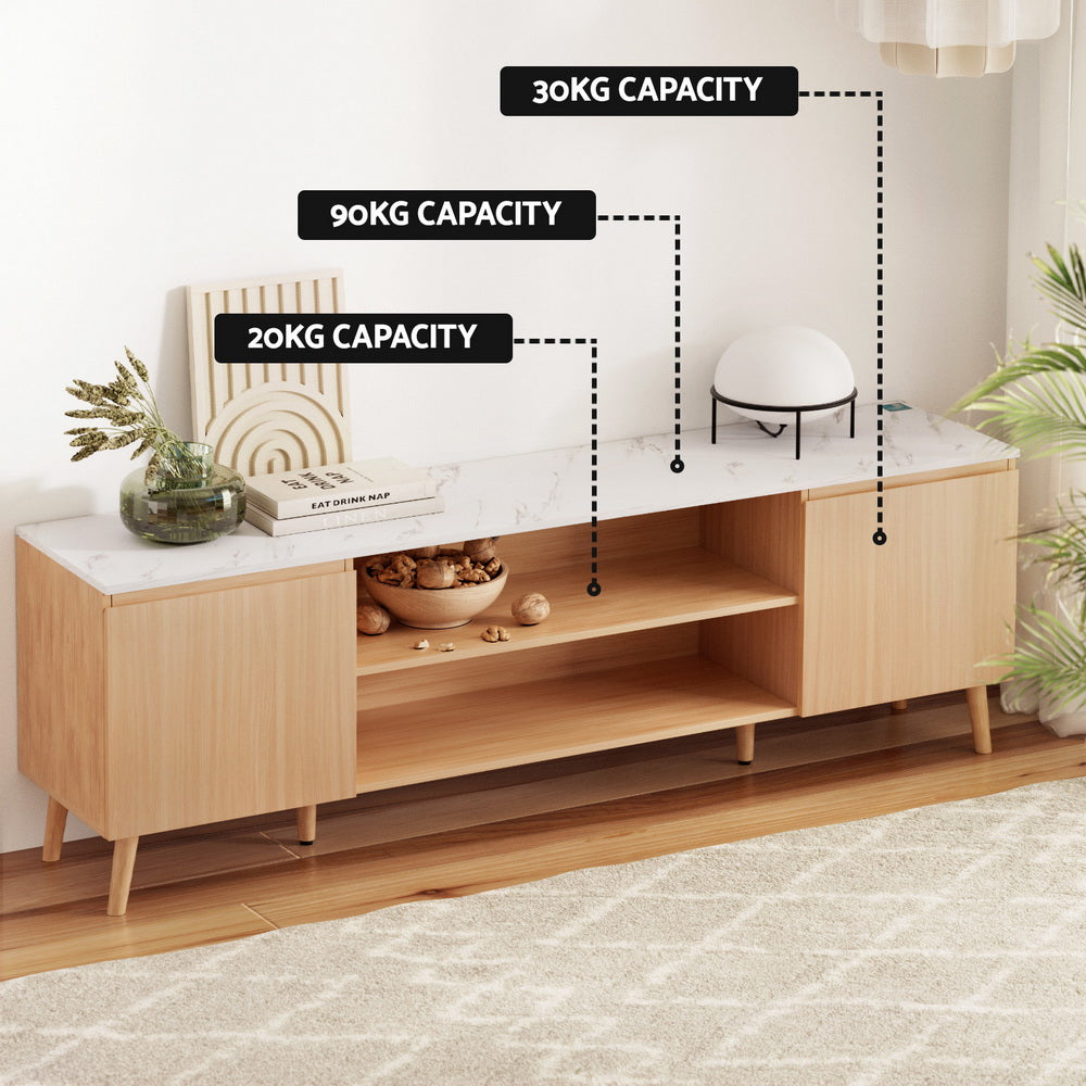 Swansea 180cm white entertainment unit with marble effect top and pine wood legs in a modern living room