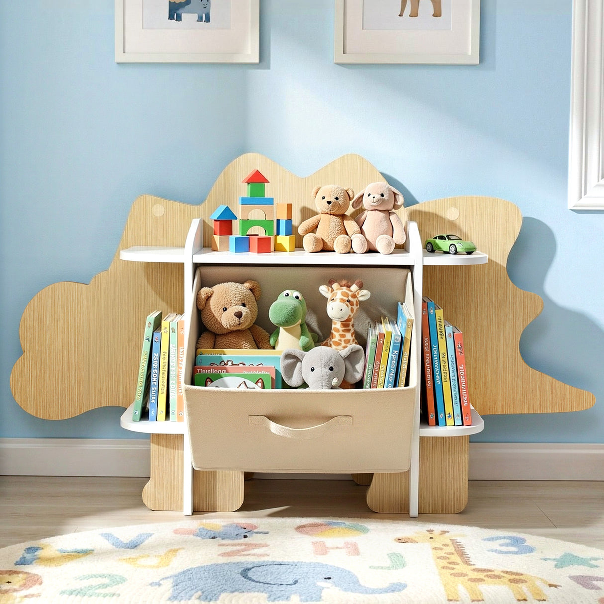 Dinosaur Kids Bookshelf with Fabric Drawer, 2 Tier