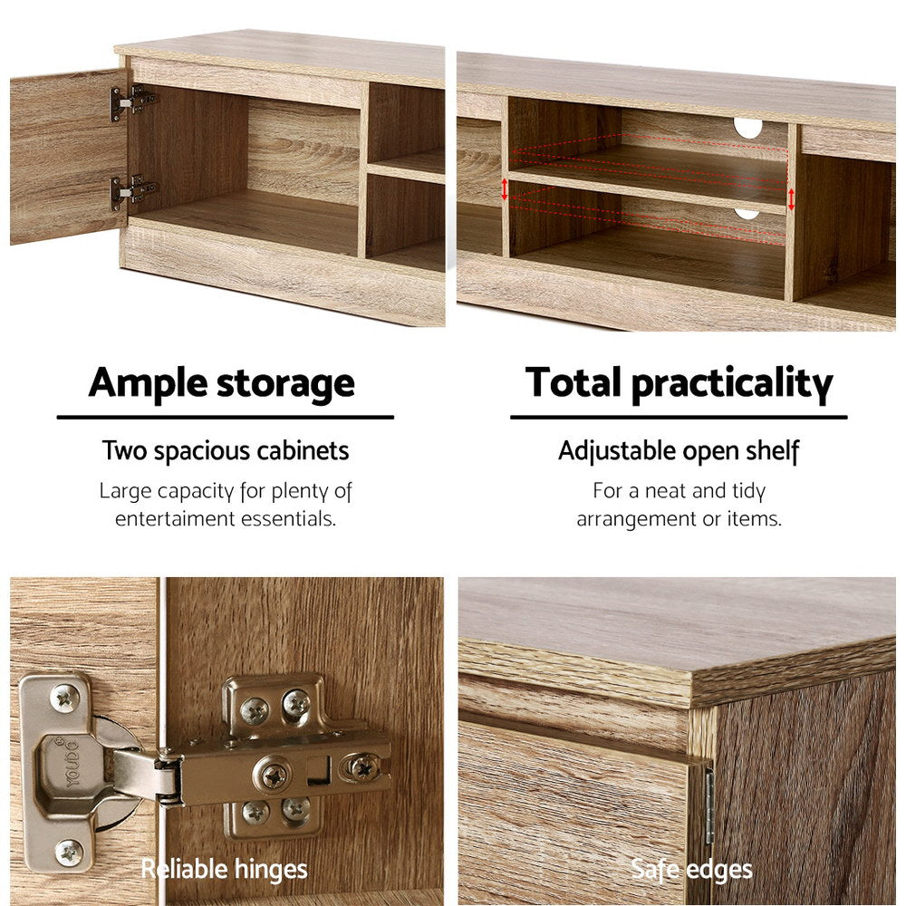 Triabunna 160cm pine entertainment unit with open and closed storage in a modern living room