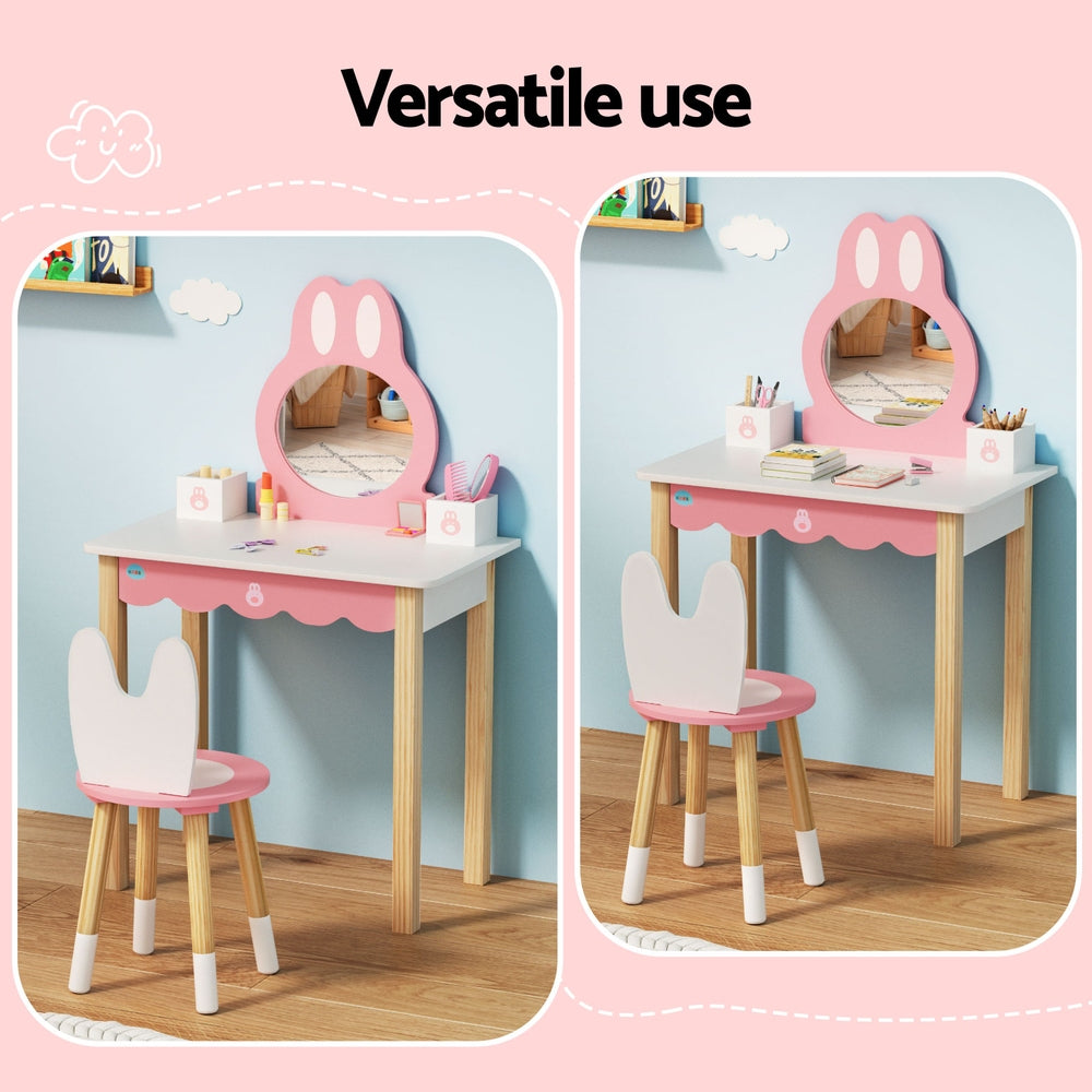 Kids bunny dressing table and stool set in pink
