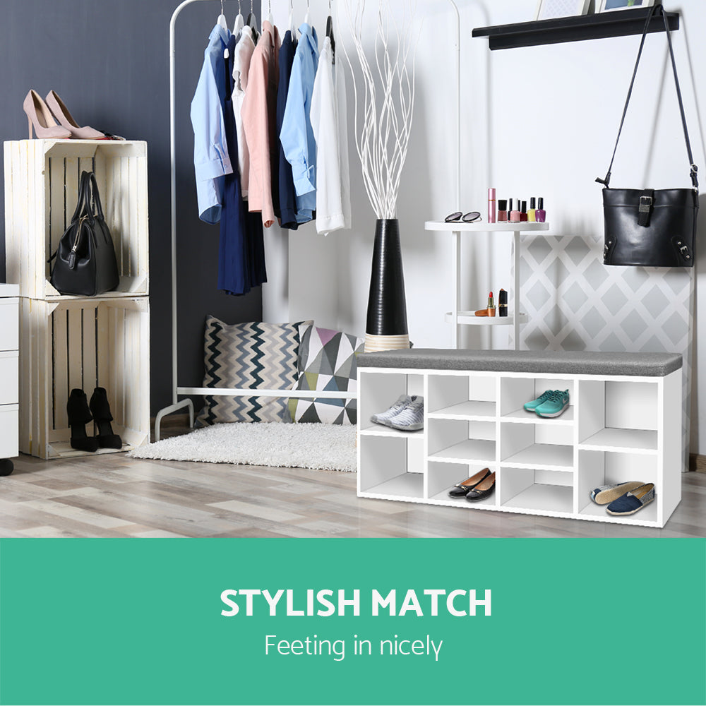 Cathcart Hill 10 Compartment Shoe Bench, White and Grey
