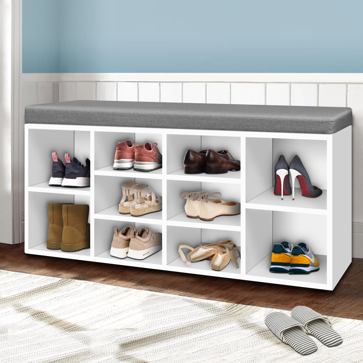 Cathcart Hill 10 Compartment Shoe Bench, White and Grey