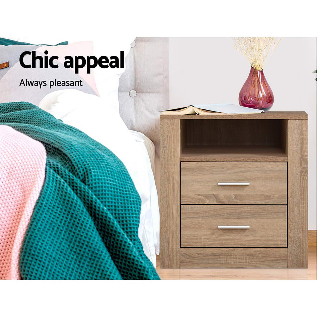 Pottsville Beach 2 Drawer Shelf Bedside Table, Oak 2pcs