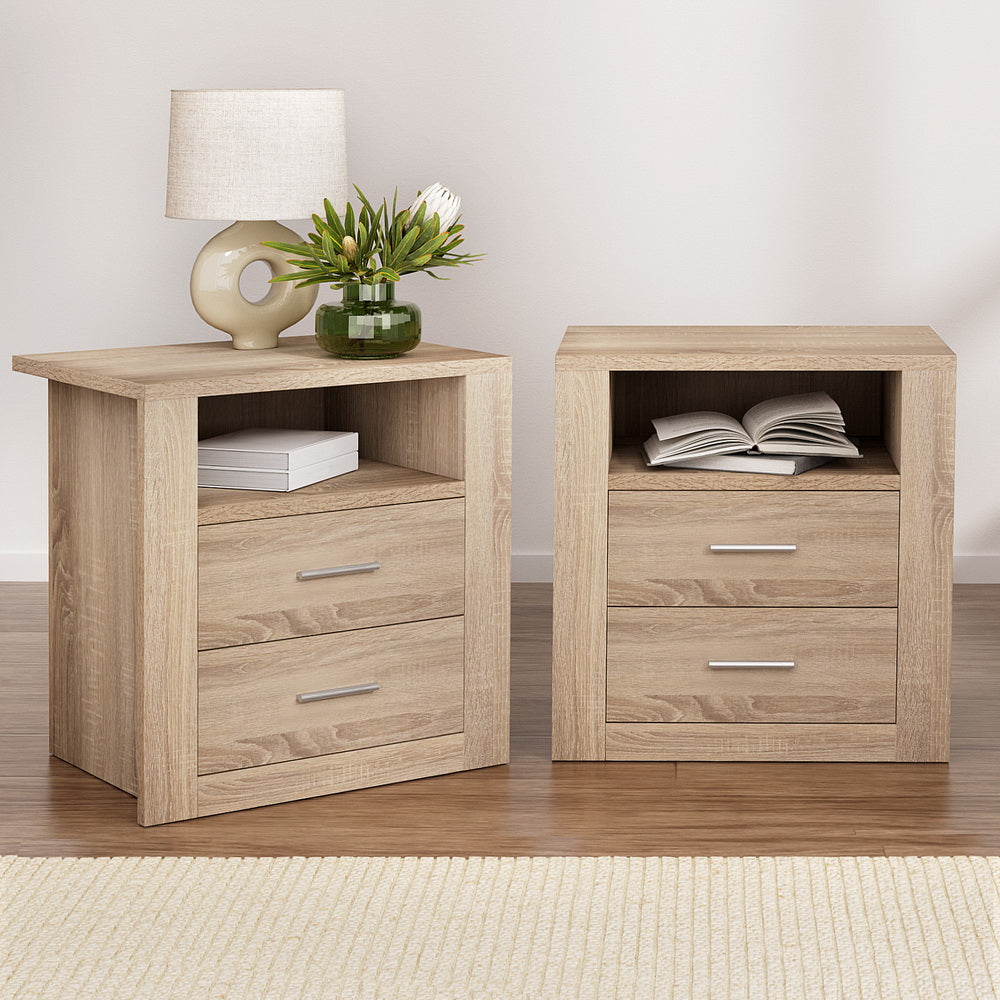 Pottsville Beach 2 Drawer Shelf Bedside Table, Oak 2pcs