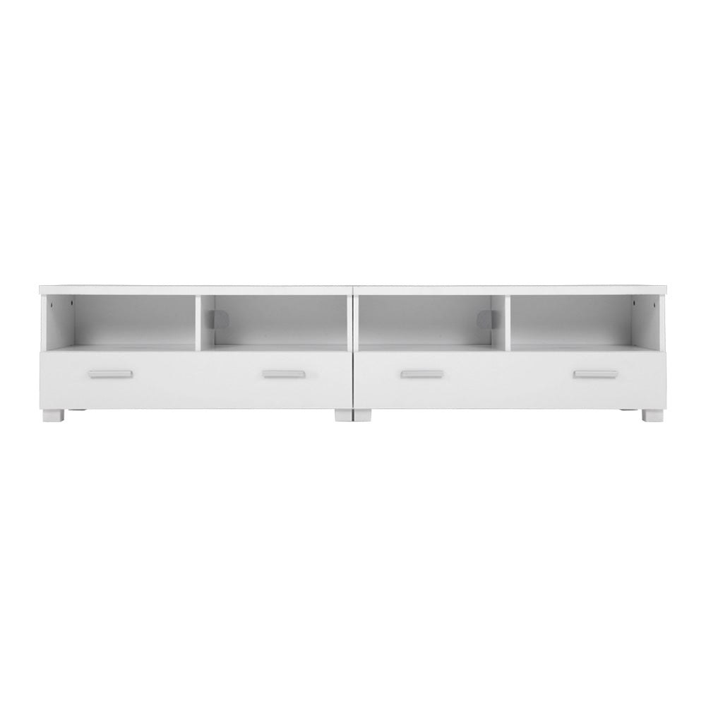 Orford 180cm white modular entertainment unit shown as one long television stand in a modern living room